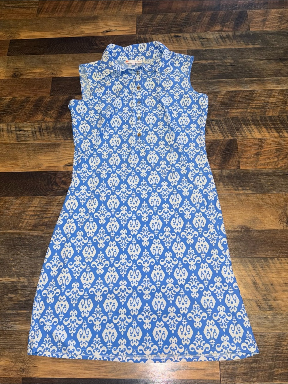 Jude Connally Blue & White Sleeveless Collared Shift Dress